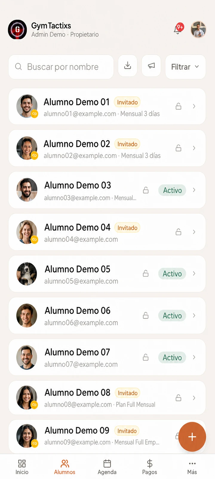 Gestión de alumnos con datos de demostración en GymTactixs